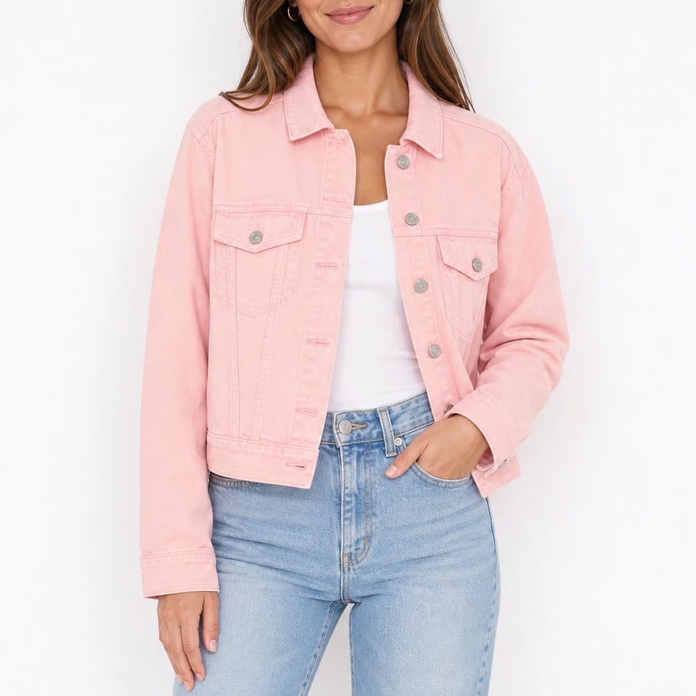 GAP Pink Denim Trucker Jacket Womens Large NWT 100% Cotton Jean Coat